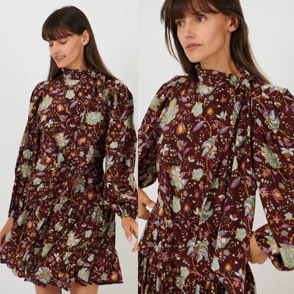 NWT Ulla Johnson Lula Mini Dress in Heliotrope Silk Floral High Neck Long Sleeve - Picture 2 of 13